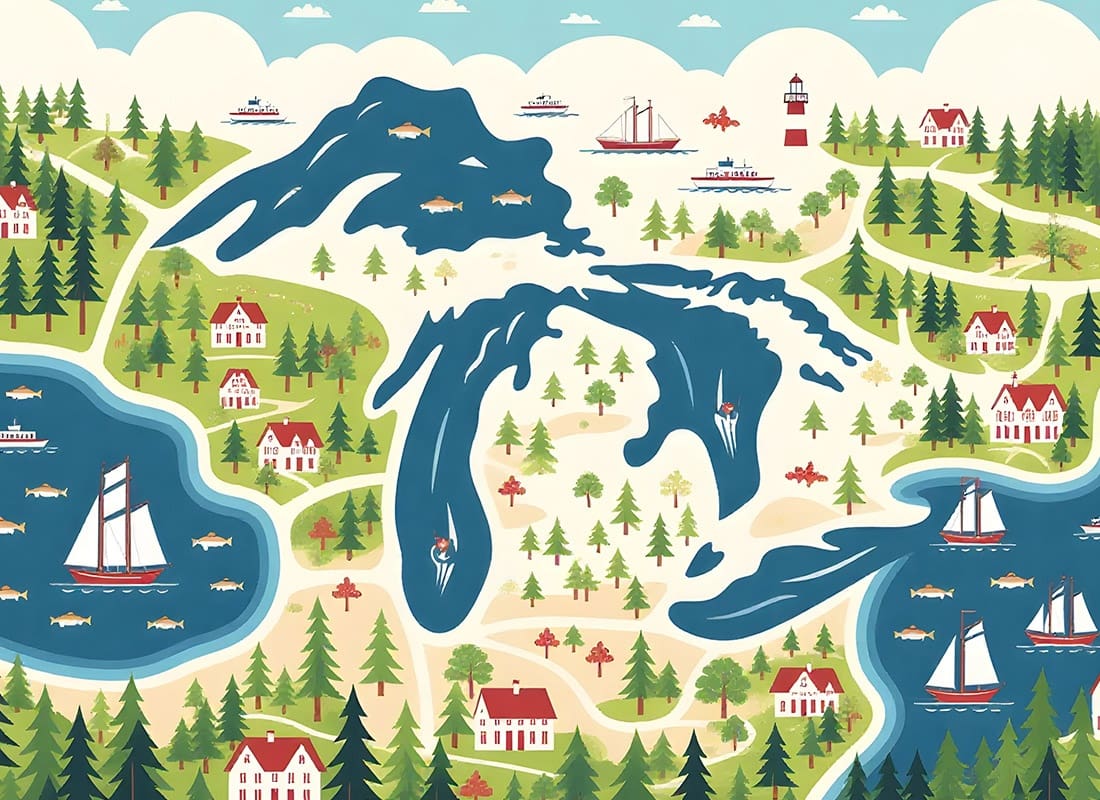 Utica, MI Insurance - Colorful Map of Lake Michigan with Charming Towns and Waterways
